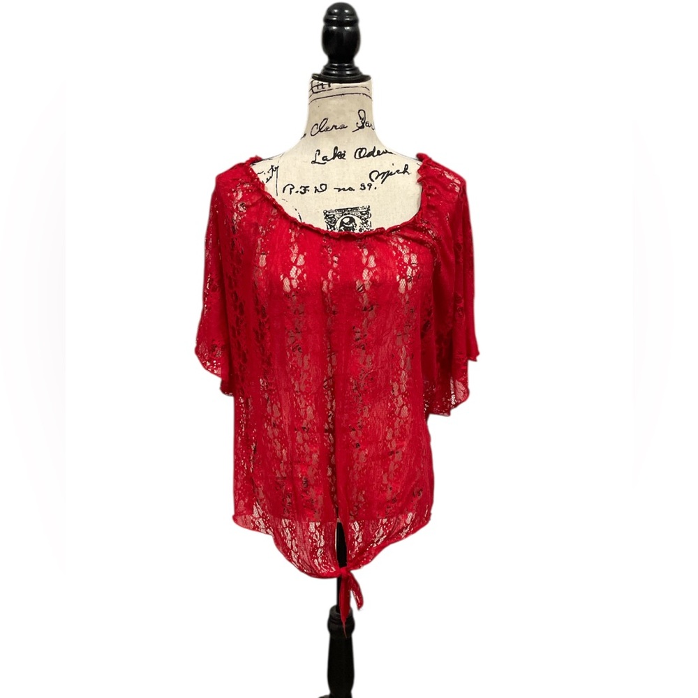 Deb Red Floral Lace Sheer Blouse Plus Size 2X Short Sleeve Tie Hem Top